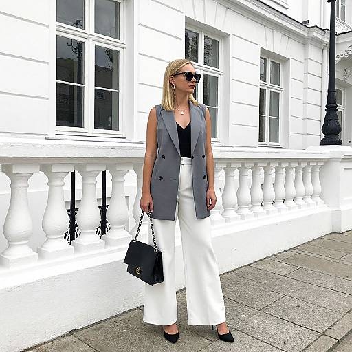Photograph of a blonde woman in a gray sleeveless blazer, black top, white high-waisted pants, black sunglasses, and black hand