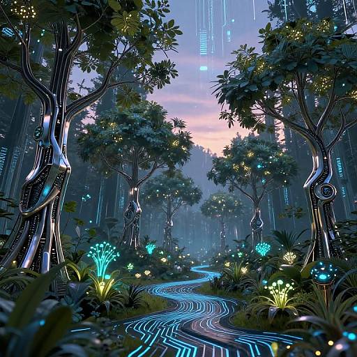 Digital CGI image of a futuristic forest with glowing blue and green bioluminescent plants, illuminated winding path, and cybernetic trees.