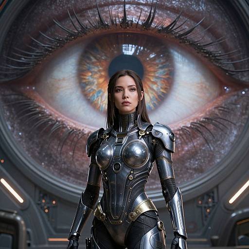 CGI image of a serious woman in metallic, armor-like bodysuit standing before a massive, detailed, glowing eye with cosmic patterns. Sci-fi