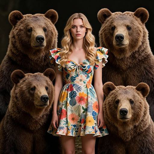 Photograph of a blonde woman in a colorful floral dress, standing between four large, brown grizzly bears, against a dark background.