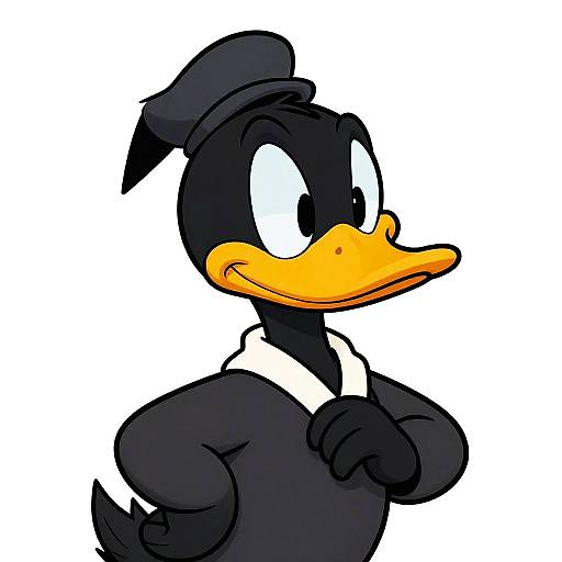 Cartoon drawing of a black and white duck with an orange beak, wearing a black hat and white shirt, crossing arms confidently.