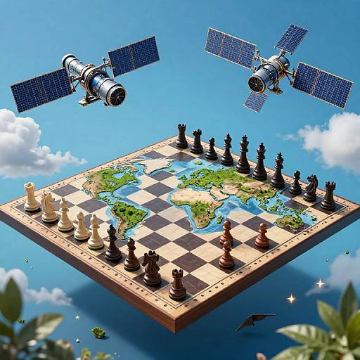 Digital illustration of a floating chessboard with black and white pieces, surrounded by two satellites, against a bright blue sky.