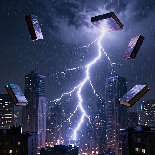 Cyberpunk Cityscape with Floating Books