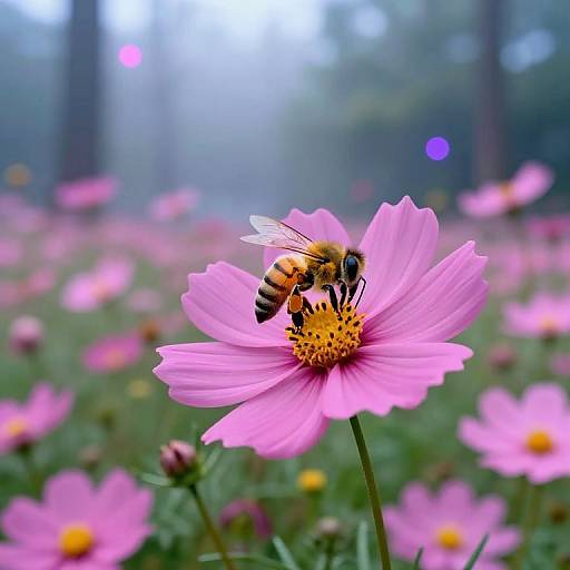 Neon Honeybee Pollinating Vibrant Flowers