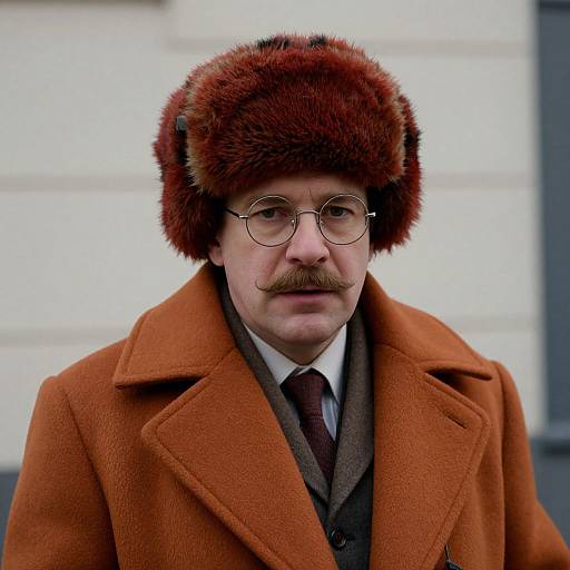Photograph of middle-aged man with round glasses, mustache, wearing brown fur hat, orange wool coat, brown tie, and white shirt. Background