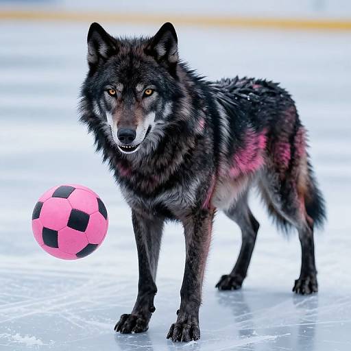 Photograph of a black wolf with striking yellow eyes, standing on icy ground, looking at a pink and black soccer ball in mid-air.