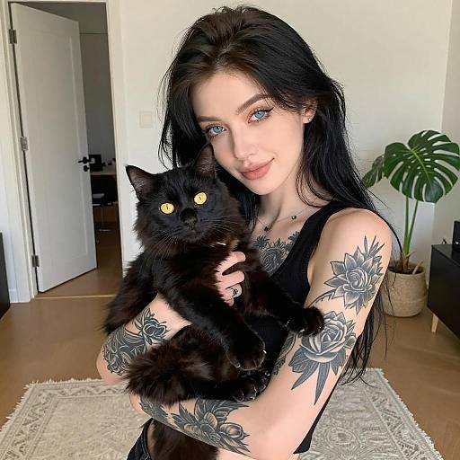 Tattooed Woman with Black Cat