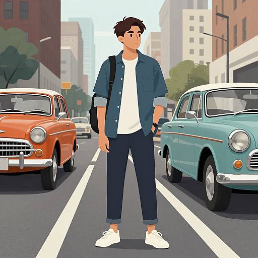 Digital illustration of a young man with short brown hair, wearing a blue shirt, white tee, black pants, and white sneakers, standing on a city