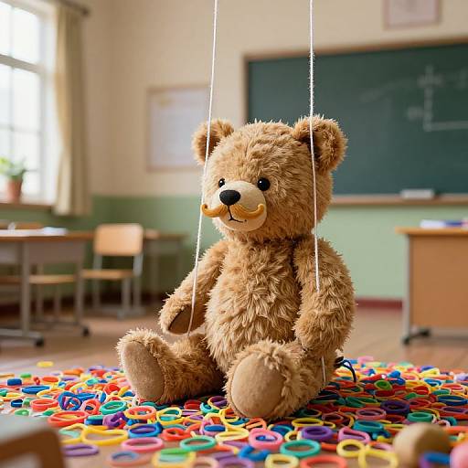 Photograph of a fluffy, brown teddy bear with black eyes and a yellow nose, hanging by strings on a colorful ring mat in a sunlit