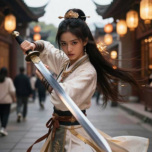 Digital artwork of an Asian woman with long black hair, wearing a white traditional martial arts robe, gripping a sword, standing in a dimly lit,