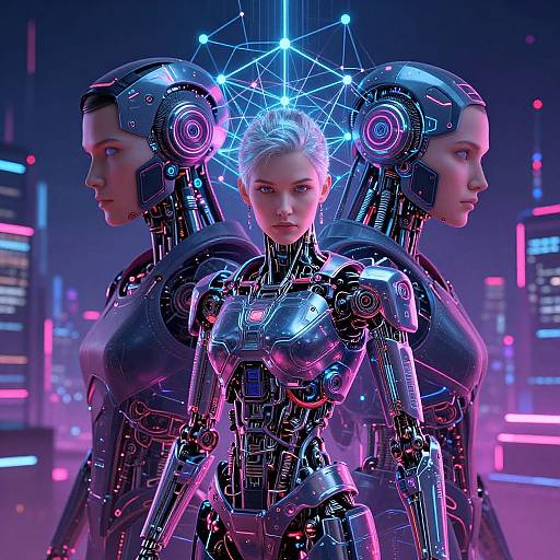 CGI image of a futuristic, cybernetic woman with three robotic heads, glowing blue neon, and a cityscape background. Triangular light pattern