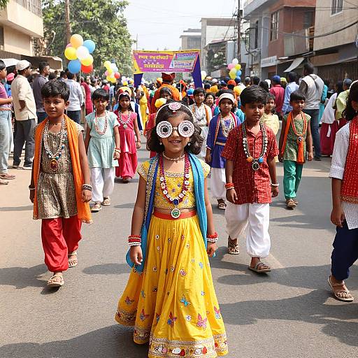 Photograph of a colorful street parade with Indian children in vibrant traditional attire, including a girl in a yellow dress and ornate headpiece, surrounded by