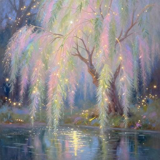 Magical painting of a glowing, rainbow-hued willow tree over a serene lake at night, with sparkling lights reflecting in the water.