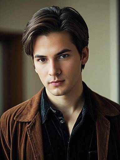 Young Man in Black Velvet Shirt and Brown Jacket