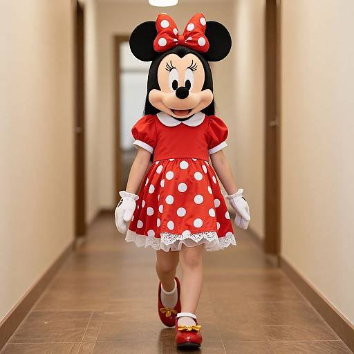 Photograph of a child wearing a Minnie Mouse costume with red polka-dot dress, white lace trim, red bow, white gloves, and red