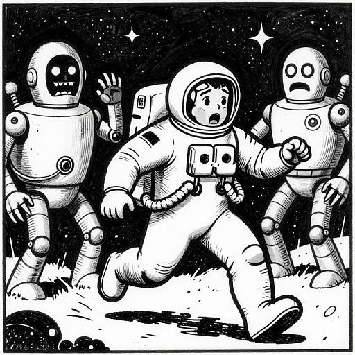 Black-and-white cartoon drawing of three astronauts in spacesuits running on a moonlit surface with a starry night sky background. One astronaut is startled,