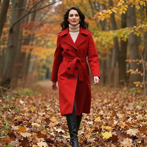 Confident Woman in Crimson Autumn Coat