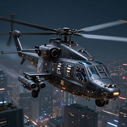 Photorealistic CGI of a sleek, silver military helicopter flying over a brightly lit, futuristic city skyline at night.