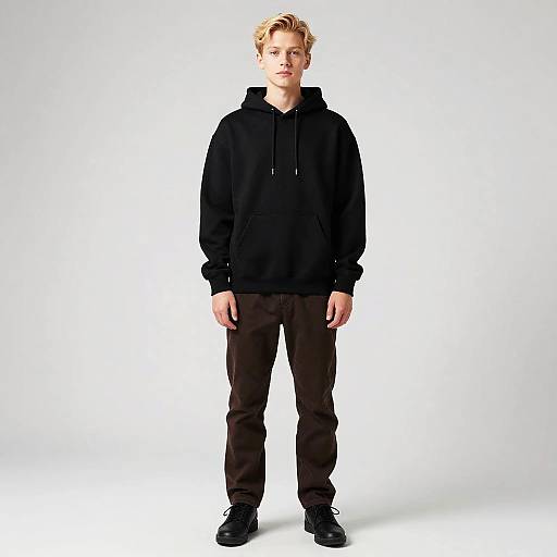 Young Man in Black Hoodie and Brown Pants