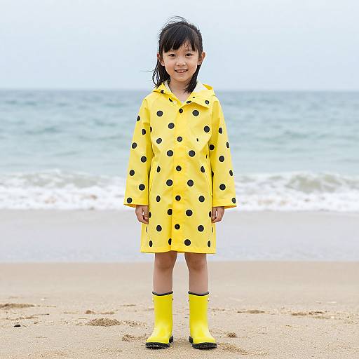 Photograph of a young Asian girl with black hair in a yellow polka dot raincoat and yellow rubber boots standing on a sandy beach with the ocean