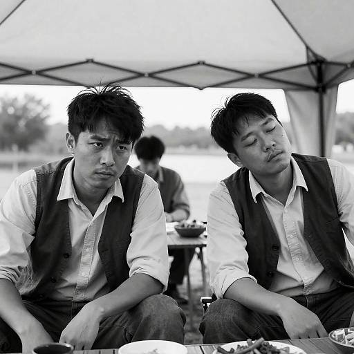 Black-and-White Portrait of Two Asian Men in Tent
