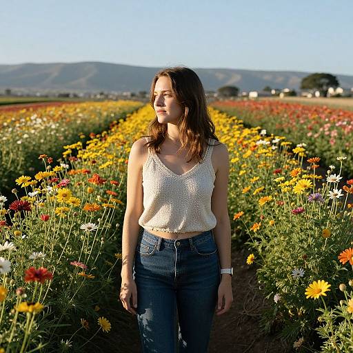 Photograph of a young woman with shoulder-length brown hair, wearing a white sleeveless top and blue jeans, standing in a sunlit flower field with