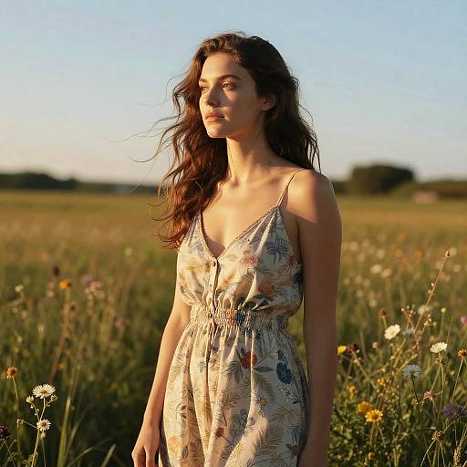 Photograph of a young woman with long, wavy brown hair, wearing a floral sundress, standing in a sunlit meadow with wildflowers
