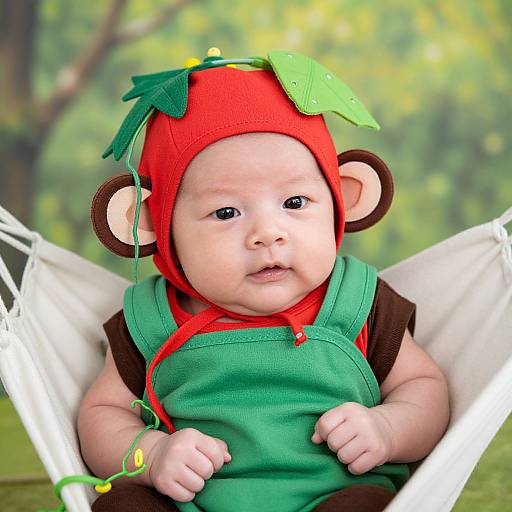Photograph of a baby wearing a red monkey costume with green leaf hat, sitting in a white hammock against a blurred green forest background.
