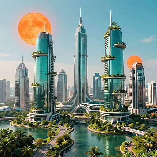 Digital artwork of a futuristic city skyline with three towering, glass skyscrapers topped with greenery, two glowing orange suns, and a winding river