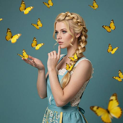 Photograph of a blonde woman with braided hair, wearing a blue lace dress, surrounded by floating yellow butterflies against a teal background, with one finger