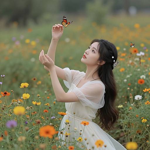 Photograph of an Asian woman with long black hair in a white dress, gently holding a butterfly above a colorful wildflower meadow.