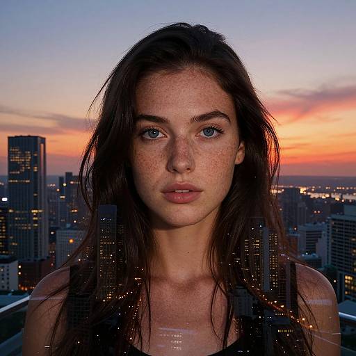 Photograph of a freckled, blue-eyed young woman with long brown hair, standing against a city skyline at sunset. Skyscrapers lit