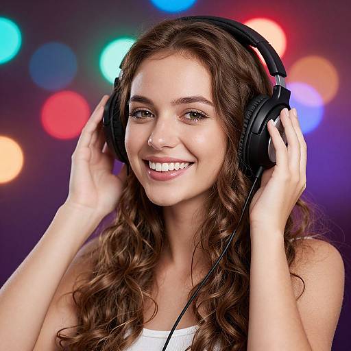 Photograph of a smiling young woman with long, wavy brown hair wearing black headphones, against a colorful bokeh background.