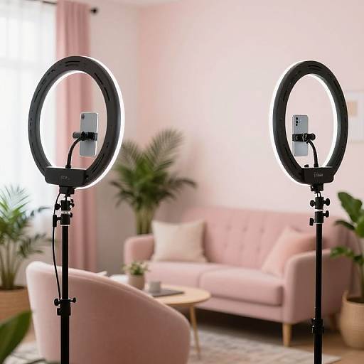 Photograph of two ring lights with smartphones attached, positioned in a pastel pink living room with potted plants and a pink sofa.