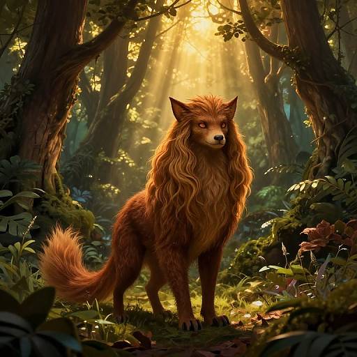 Digital fantasy artwork of a majestic, red-furred wolf with a lush, flowing mane standing in a sunlit, enchanted forest.