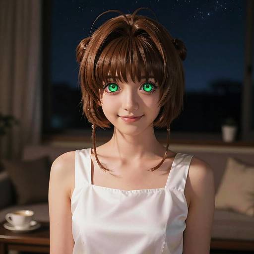 Portrait of Girl with Green Eyes in White Silk Dress