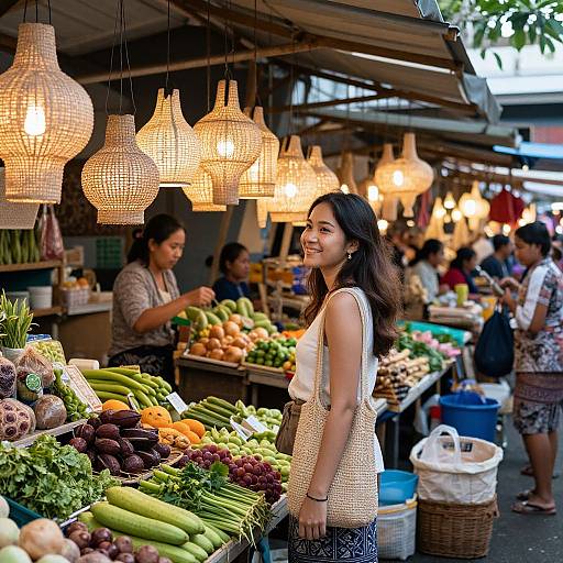 Photograph of an Asian market stall with a smiling young woman in a white sleeveless top, surrounded by hanging woven lights, colorful vegetables, and busy