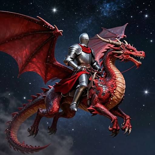 Digital artwork of a knight in silver armor riding a red dragon through a starry night sky, with a red cape flowing.