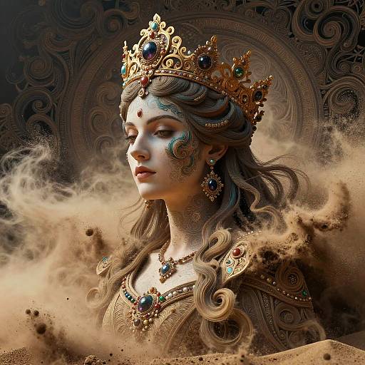 Digital artwork of a regal woman with flowing brown hair, wearing an ornate gold crown and jewelry, surrounded by swirling smoke. Dark, intricate background