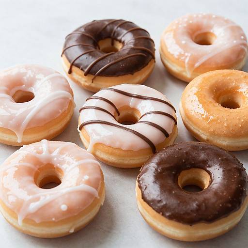Photograph of eight assorted donuts: four with chocolate glaze, three with pink glaze, and one with sugar coating, arranged on a white