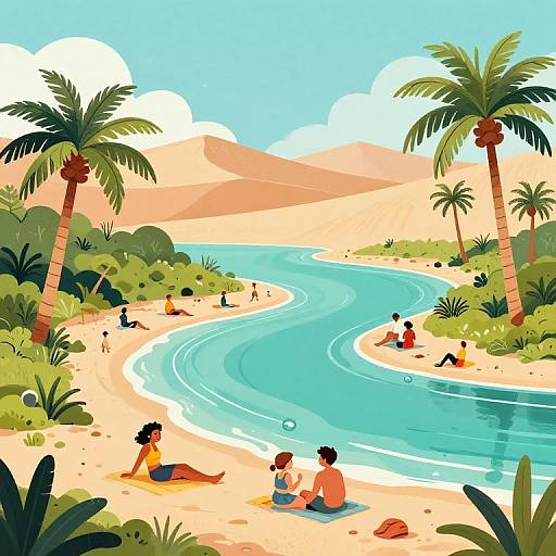 Vibrant digital illustration of diverse children playing by a winding blue river in a lush, palm tree-lined desert oasis.