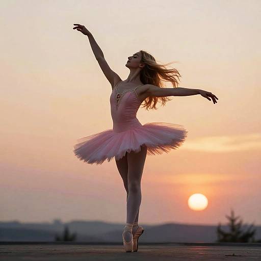 Photograph of a slender ballerina in a pink tutu, poised gracefully at sunset, with arms raised and sunset glowing in the background.