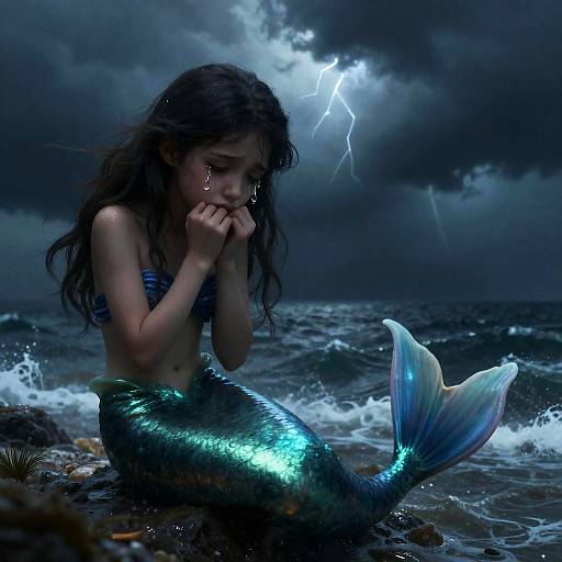 Sorrowful Mermaid in Stormy Sea