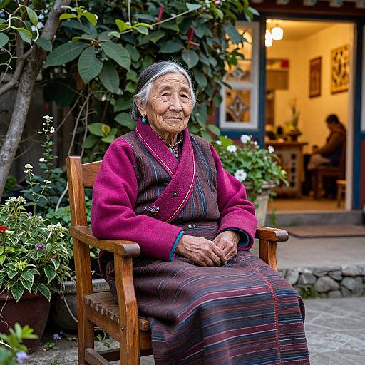 Photograph of an elderly woman with gray hair, wearing a red cardigan and dark striped dress, sitting on a wooden chair in a garden, with