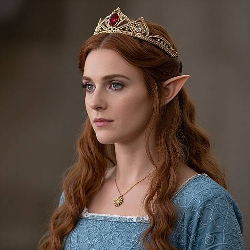 Photograph of a fair-skinned, red-haired elf woman with pointed ears, wearing a gold crown, blue patterned dress, and gold necklace,