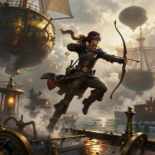 Steampunk Sky-Pirate Archer Vaulting Between Airships