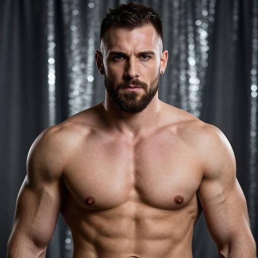 Photograph of a muscular, bearded white man with short dark hair, bare-chested, standing against a backdrop of shimmering silver curtains, intense