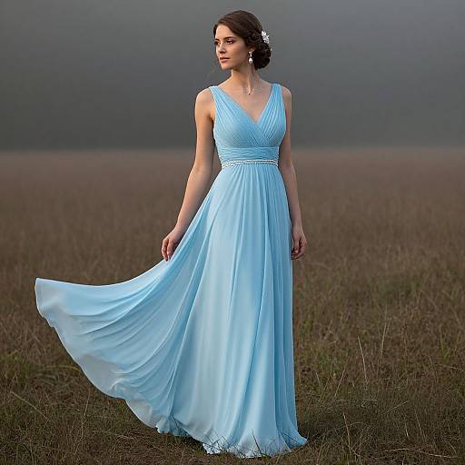Photograph of a woman with fair skin and dark hair, wearing a flowing, light blue, V-neck gown, standing in a foggy, grass