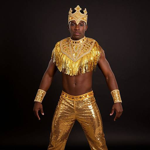 Confident Man in Gold Samba Costume