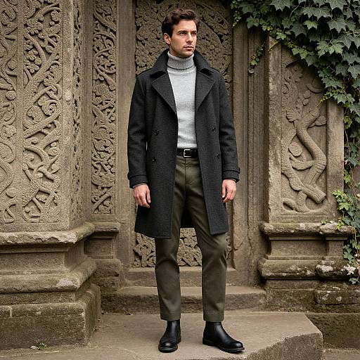 Photograph of a serious, dark-haired man in a black coat, gray turtleneck, and brown pants, standing in front of intricately carved